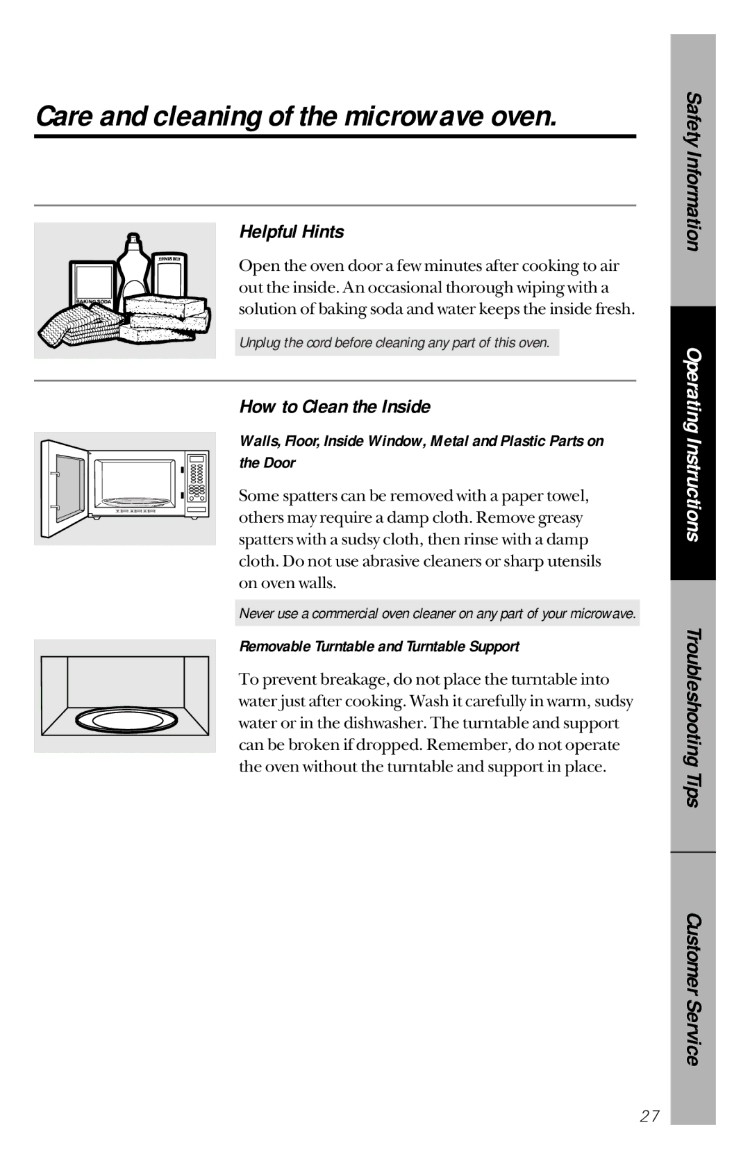 GE JES1144WY owner manual Care and cleaning of the microwave oven, Helpful Hints, How to Clean the Inside 