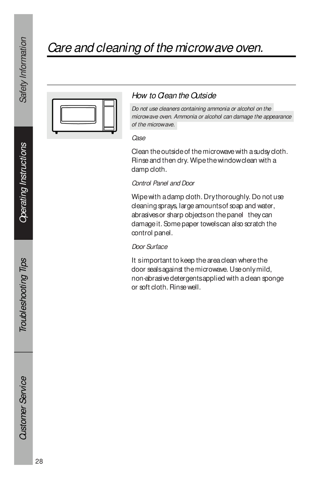 GE JES1144WY owner manual How to Clean the Outside, Case, Control Panel and Door, Door Surface 