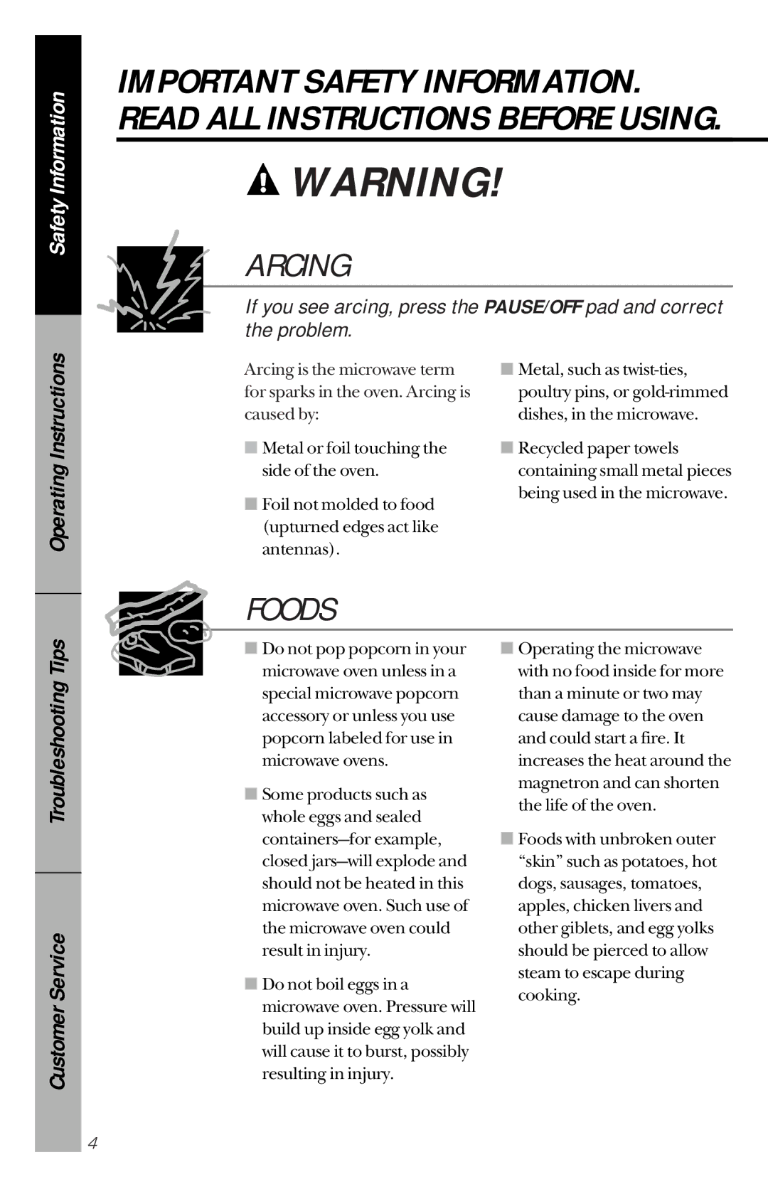 GE JES1144WY owner manual Arcing, Foods 