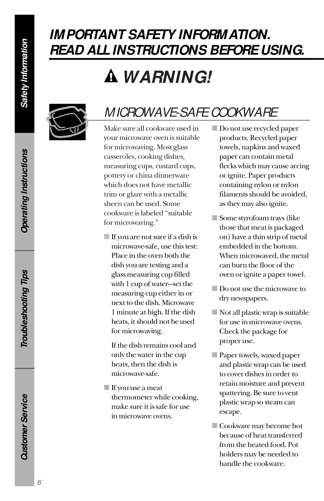 GE JES1144WY owner manual MICROWAVE-SAFE Cookware 