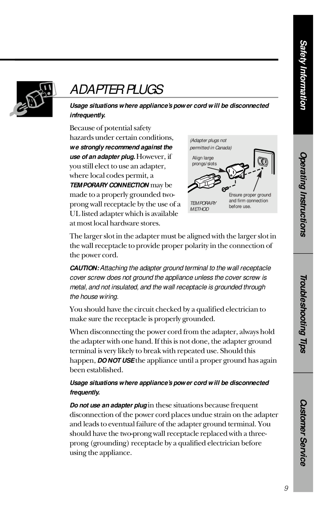 GE JES1144WY owner manual Adapter Plugs, Infrequently, Operating Instructions 