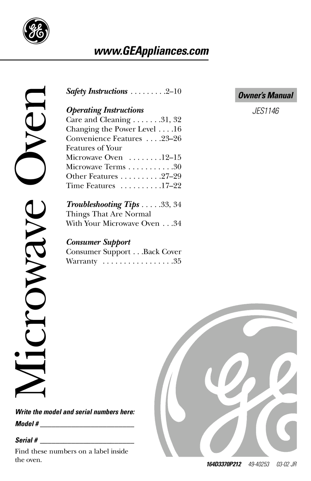 GE JES1146 owner manual Oven, Write the model and serial numbers here 