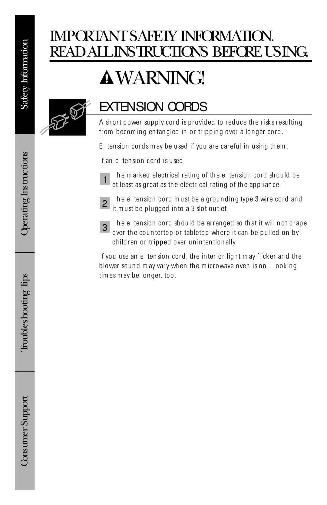 GE JES1146 owner manual Extension Cords 