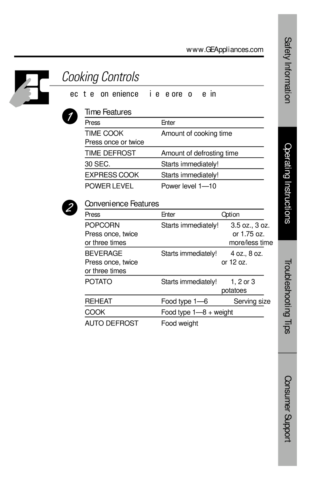 GE JES1146 owner manual Time Features, Convenience Features 