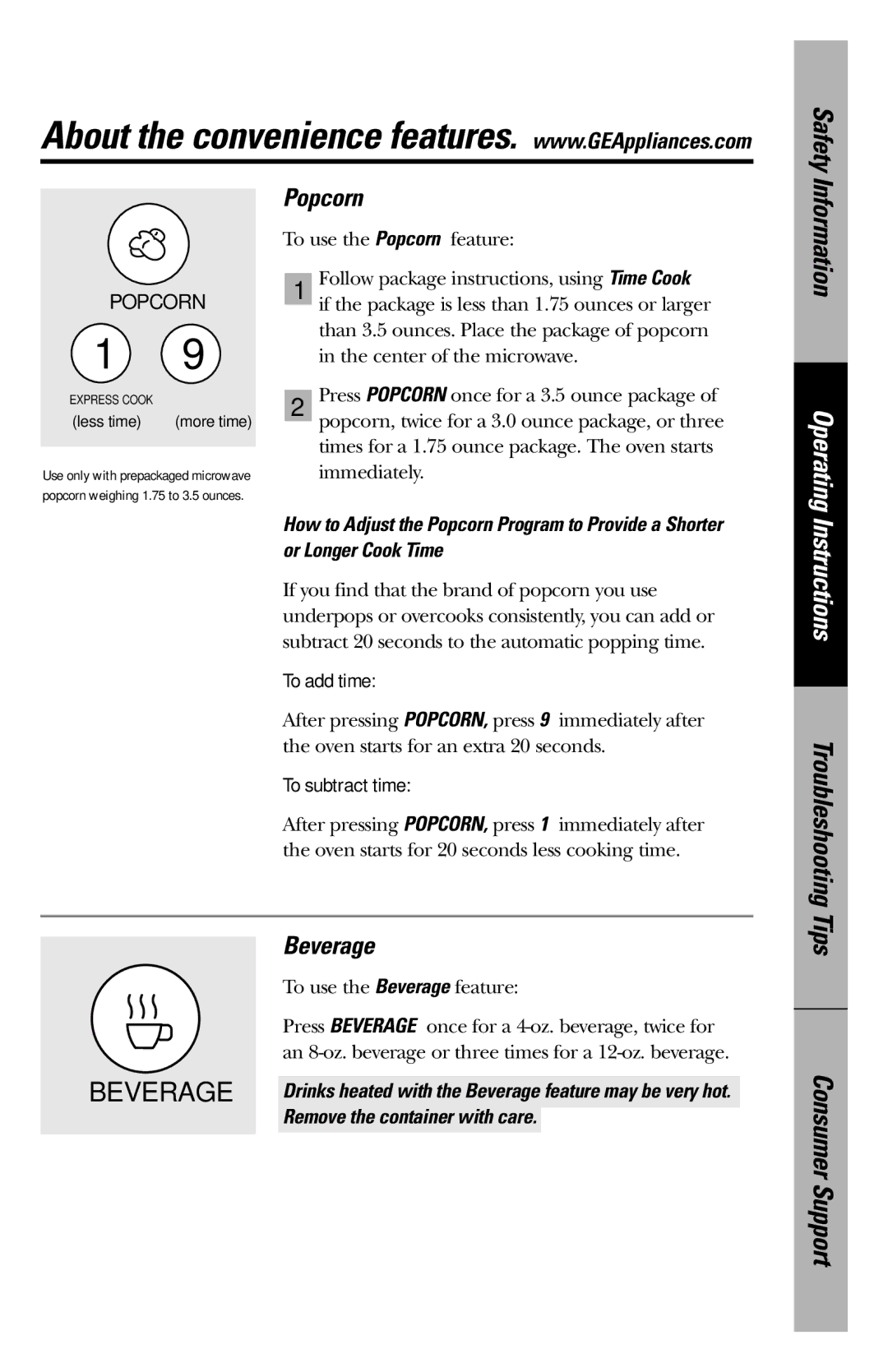 GE JES1146 owner manual Popcorn, Beverage, Or Longer Cook Time 