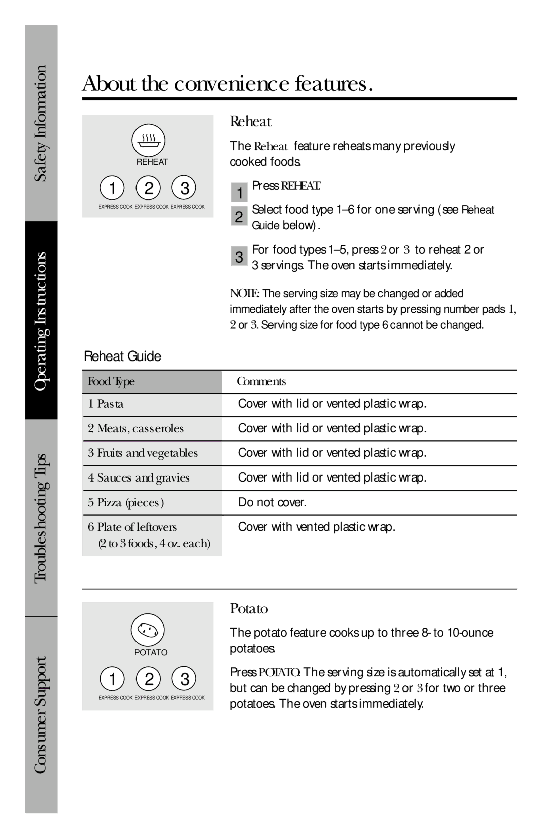 GE JES1146 owner manual About the convenience features, Reheat, Potato 