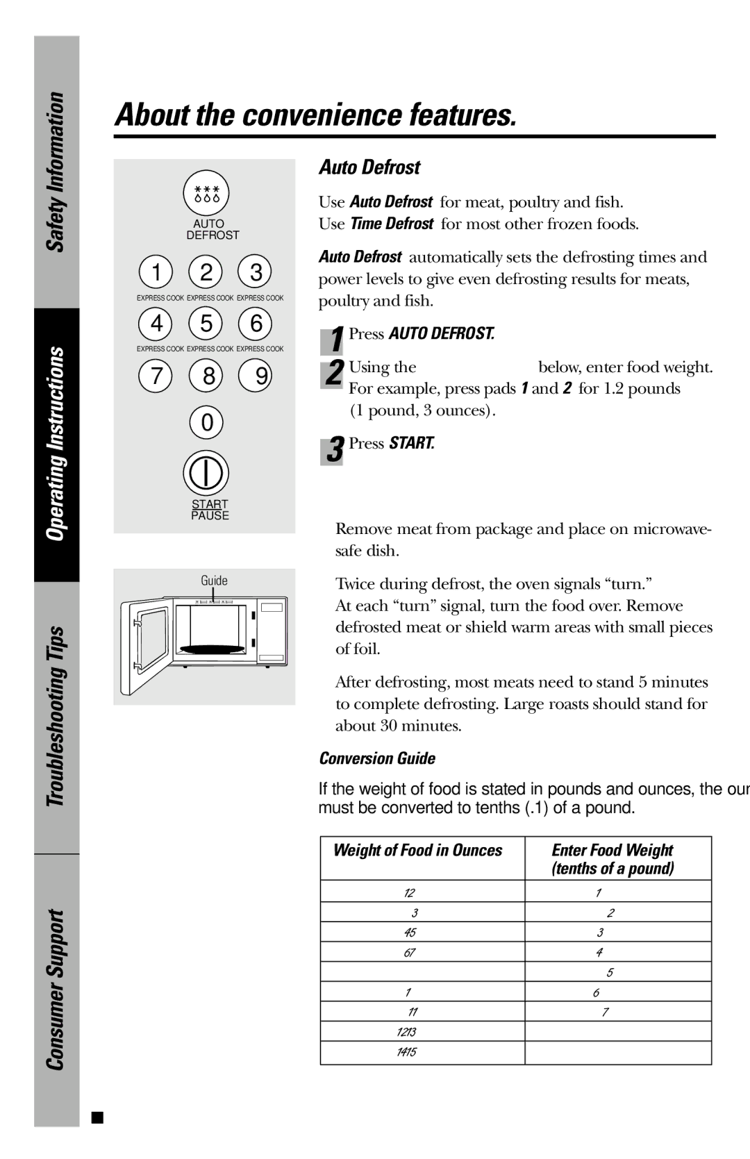 GE JES1146 owner manual Press Auto Defrost, Conversion Guide, Enter Food Weight 