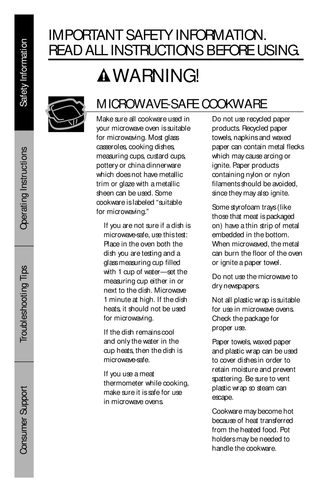 GE JES1146 owner manual MICROWAVE-SAFE Cookware 