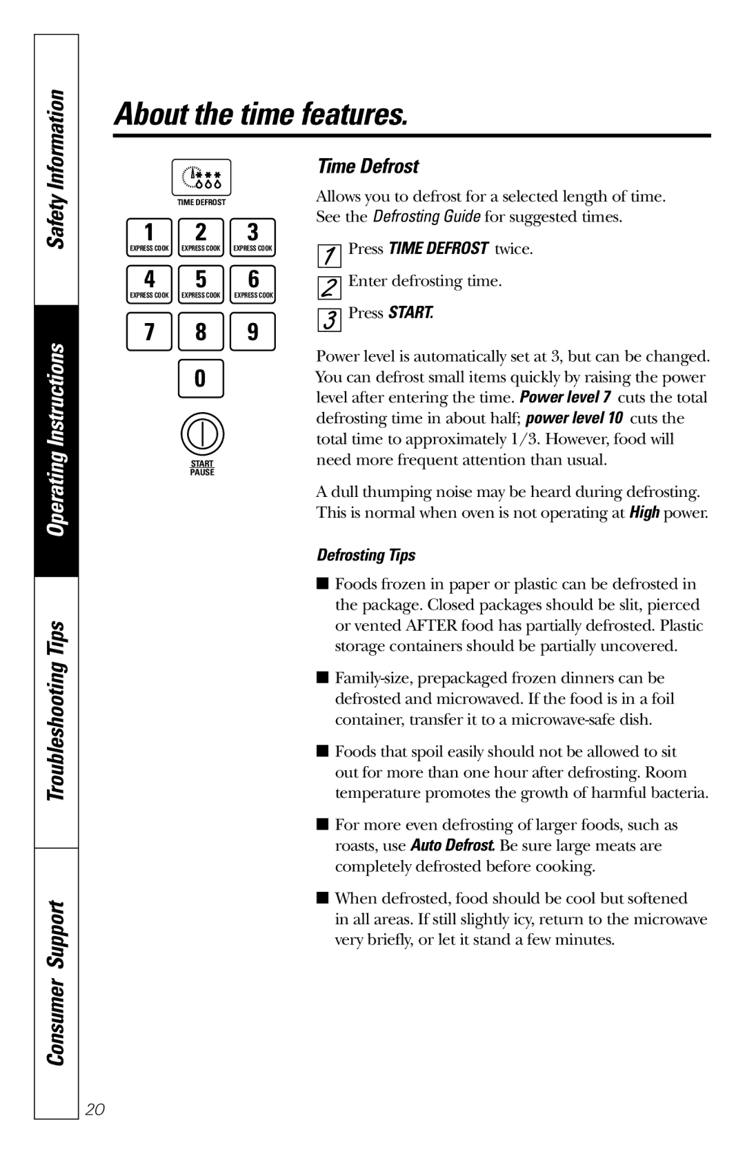 GE JES1231 owner manual Time Defrost, Defrosting Tips 