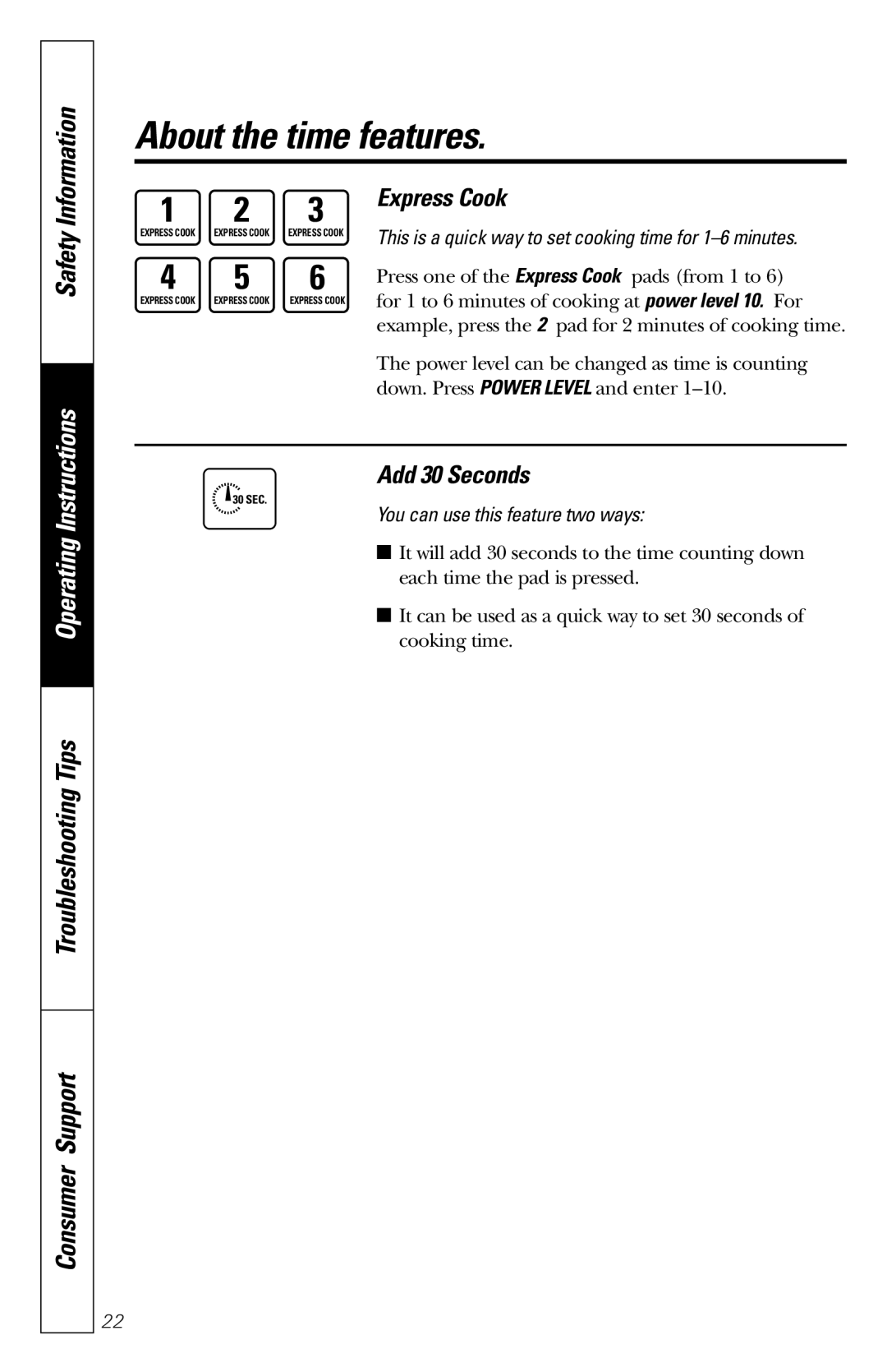 GE JES1231 owner manual Express Cook, Add 30 Seconds 