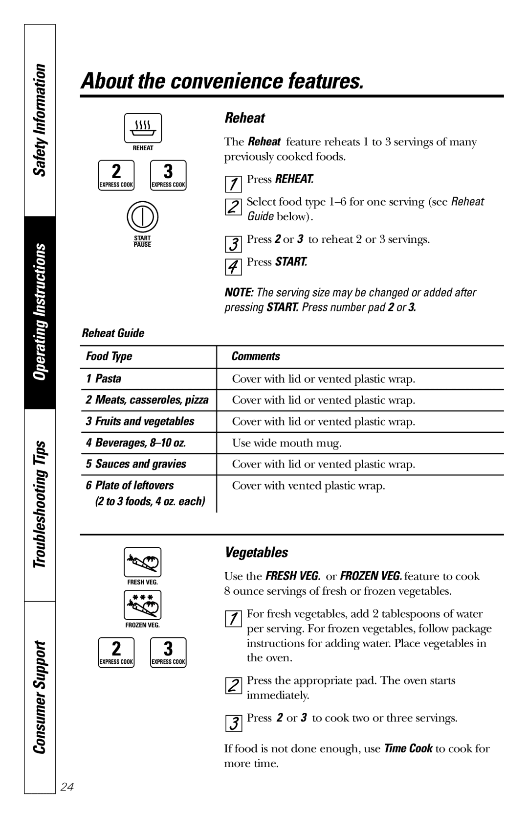 GE JES1231 owner manual Reheat, Vegetables 