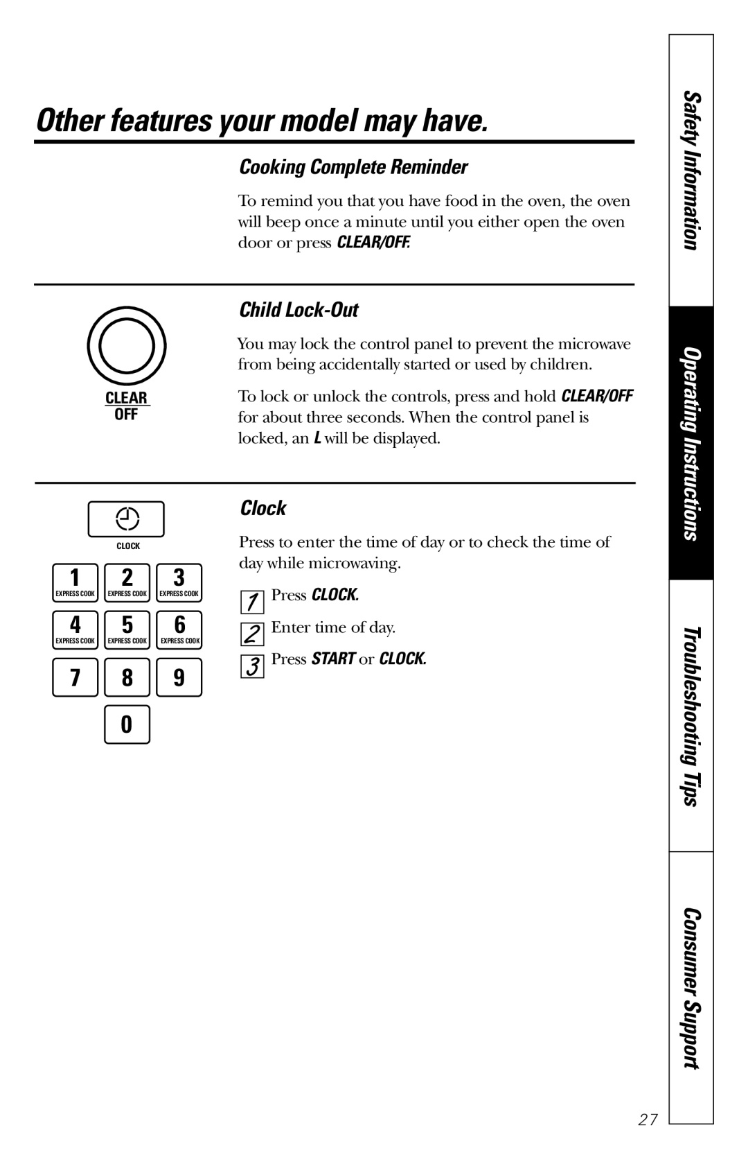 GE JES1231 Other features your model may have, Cooking Complete Reminder, Child Lock-Out, Press Start or Clock 