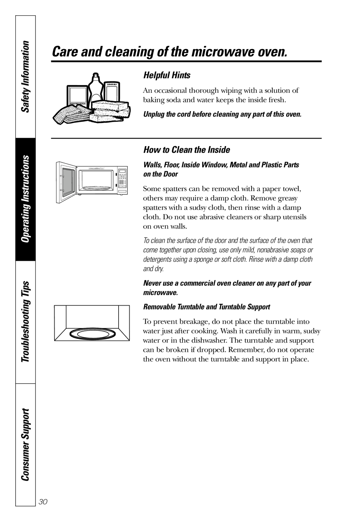 GE JES1231 owner manual Helpful Hints, How to Clean the Inside, Unplug the cord before cleaning any part of this oven 