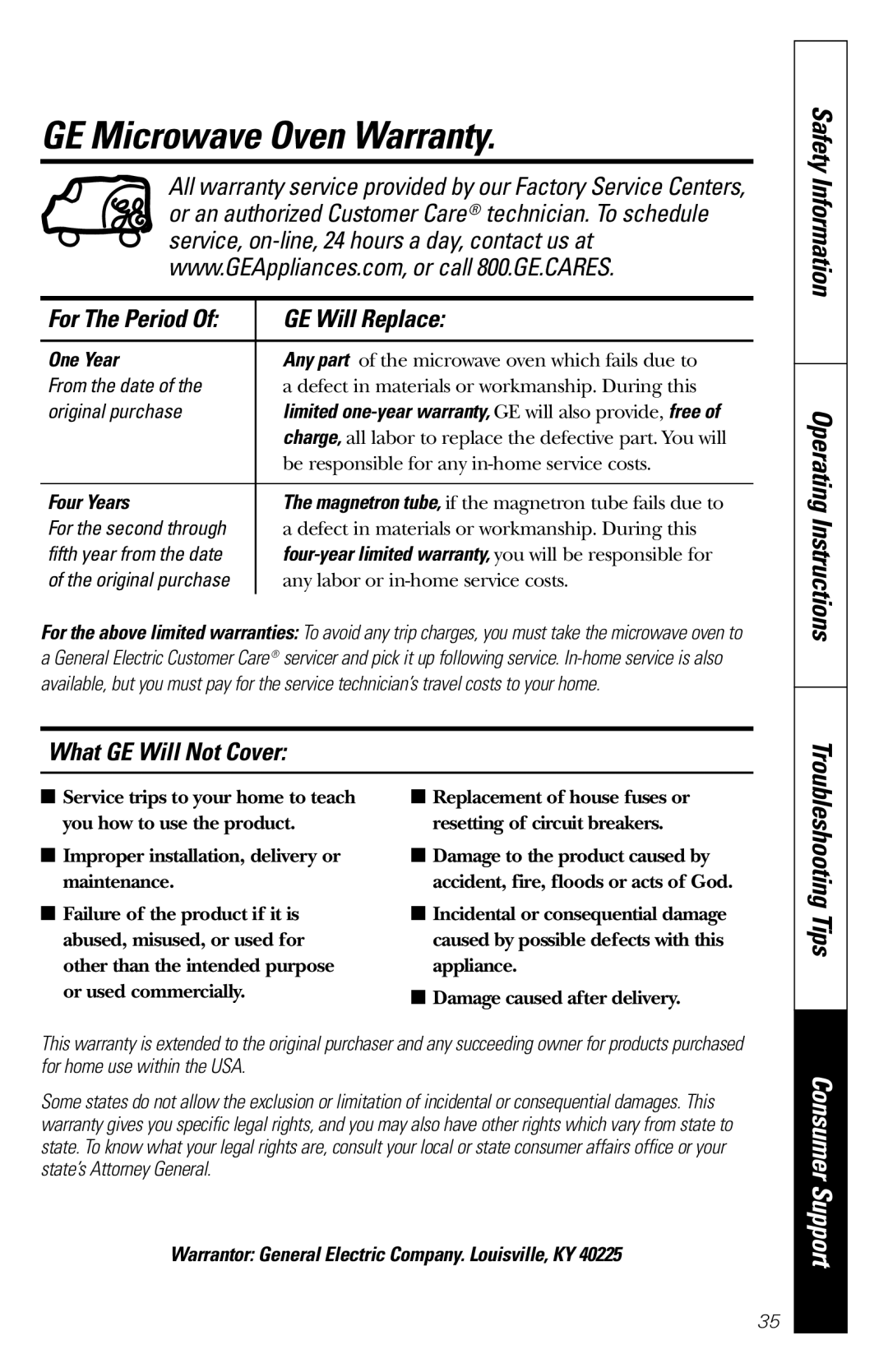 GE JES1231 owner manual GE Microwave Oven Warranty, GE Will Replace, What GE Will Not Cover 