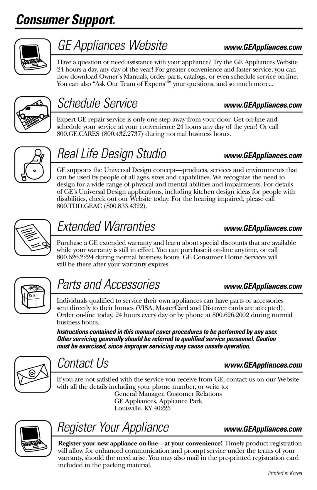 GE JES1231 Consumer Support GE Appliances Website Schedule Service, Real Life Design Studio, Extended Warranties 