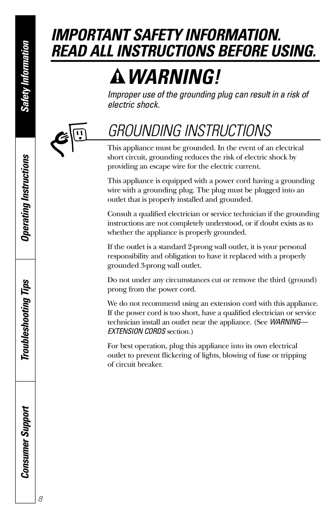 GE JES1231 owner manual Grounding Instructions 