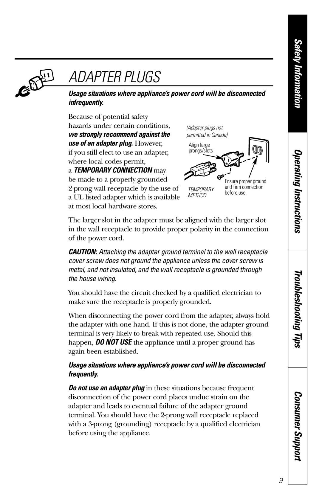 GE JES1231 owner manual Adapter Plugs, Infrequently 