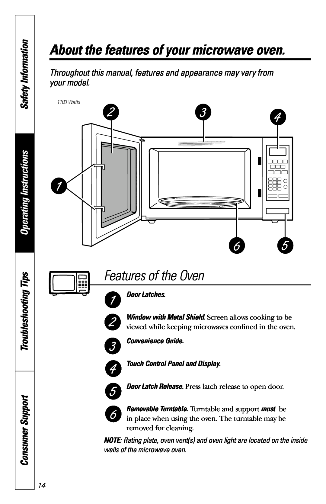 GE JES1231 Features of the Oven, Safety Information, Operating Instructions, About the features of your microwave oven 
