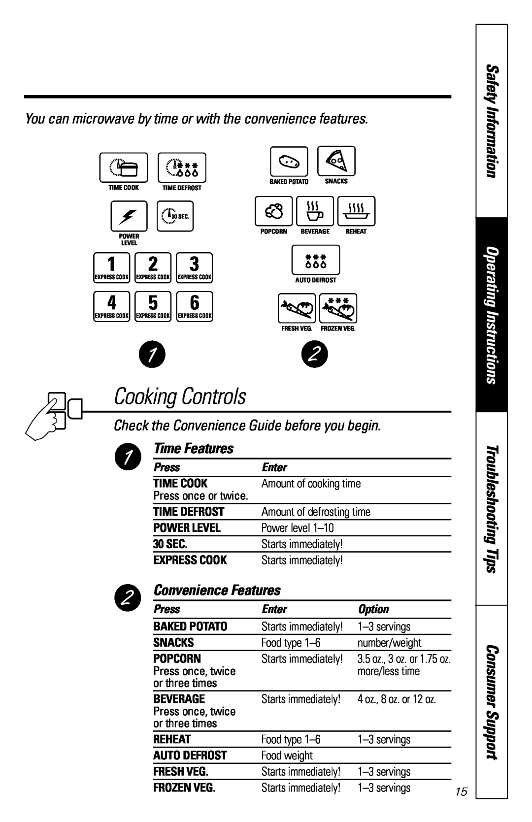 GE JES1231 Cooking Controls, You can microwave by time or with the convenience features, Time Features, Safety Information 