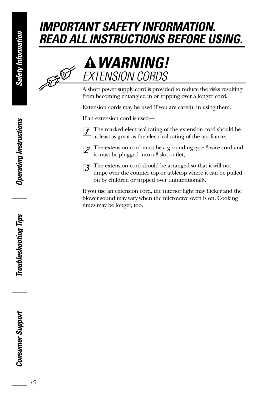 GE JES1235 owner manual Extension Cords 