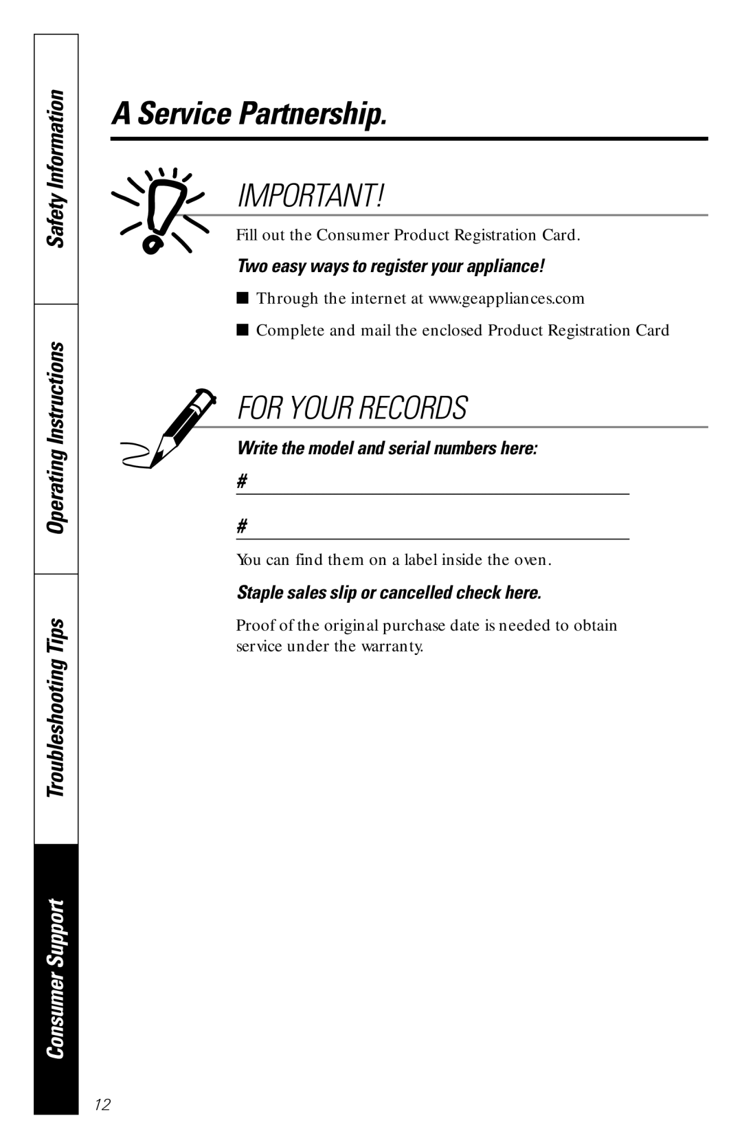 GE JES1235 owner manual Service Partnership, For Your Records 