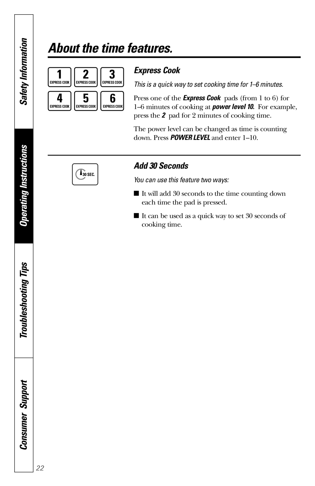 GE JES1235 owner manual Express Cook, Add 30 Seconds 