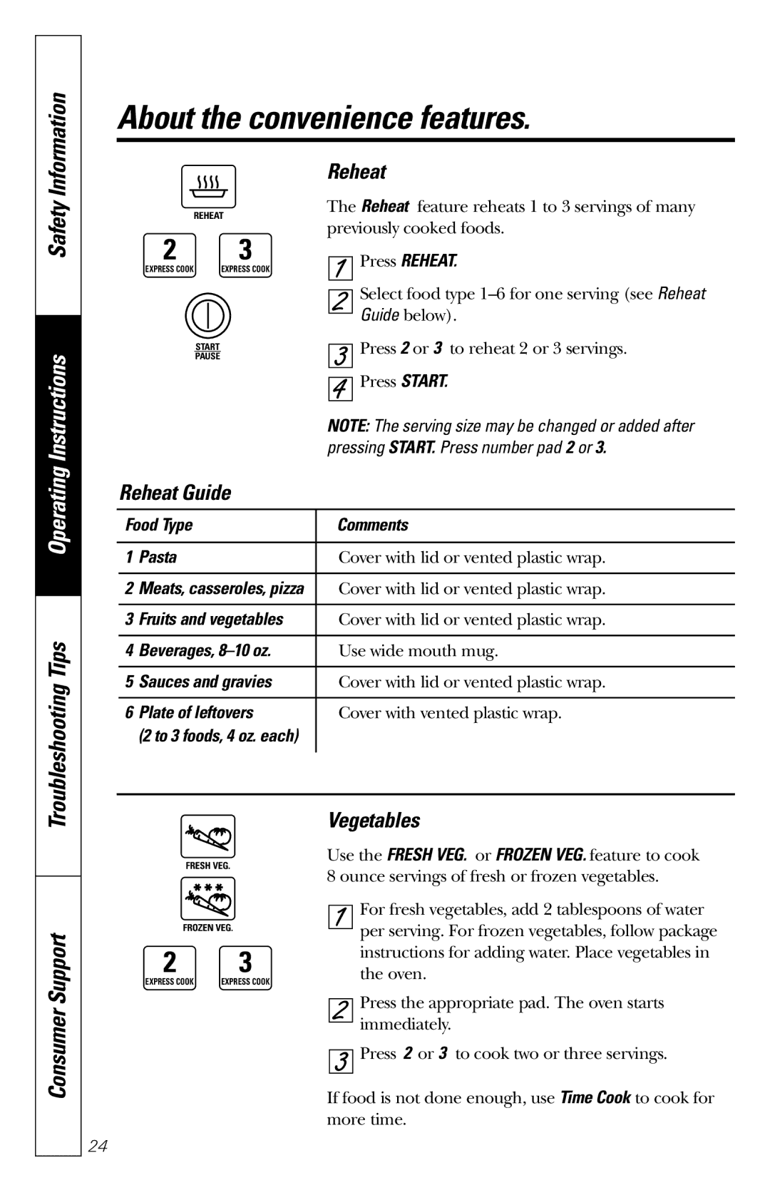 GE JES1235 owner manual Reheat Guide, Vegetables 