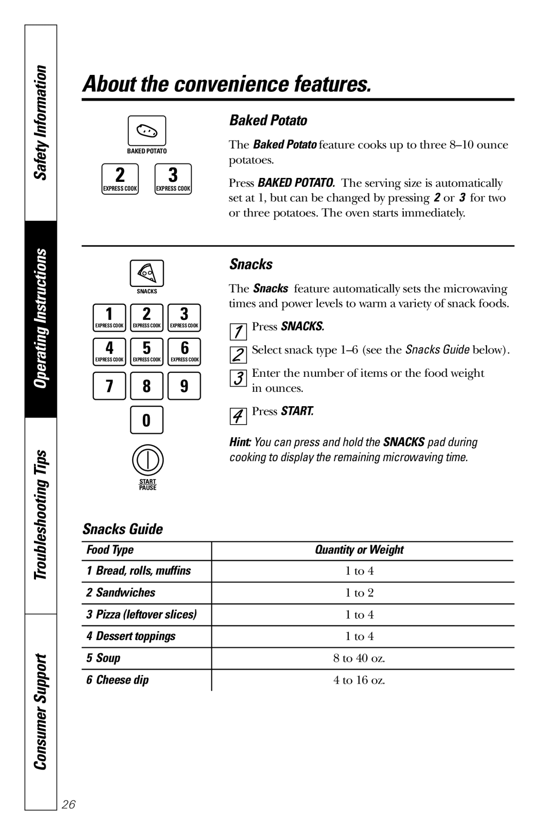 GE JES1235 owner manual Baked Potato, Snacks Guide, Dessert toppings Soup, Cheese dip 