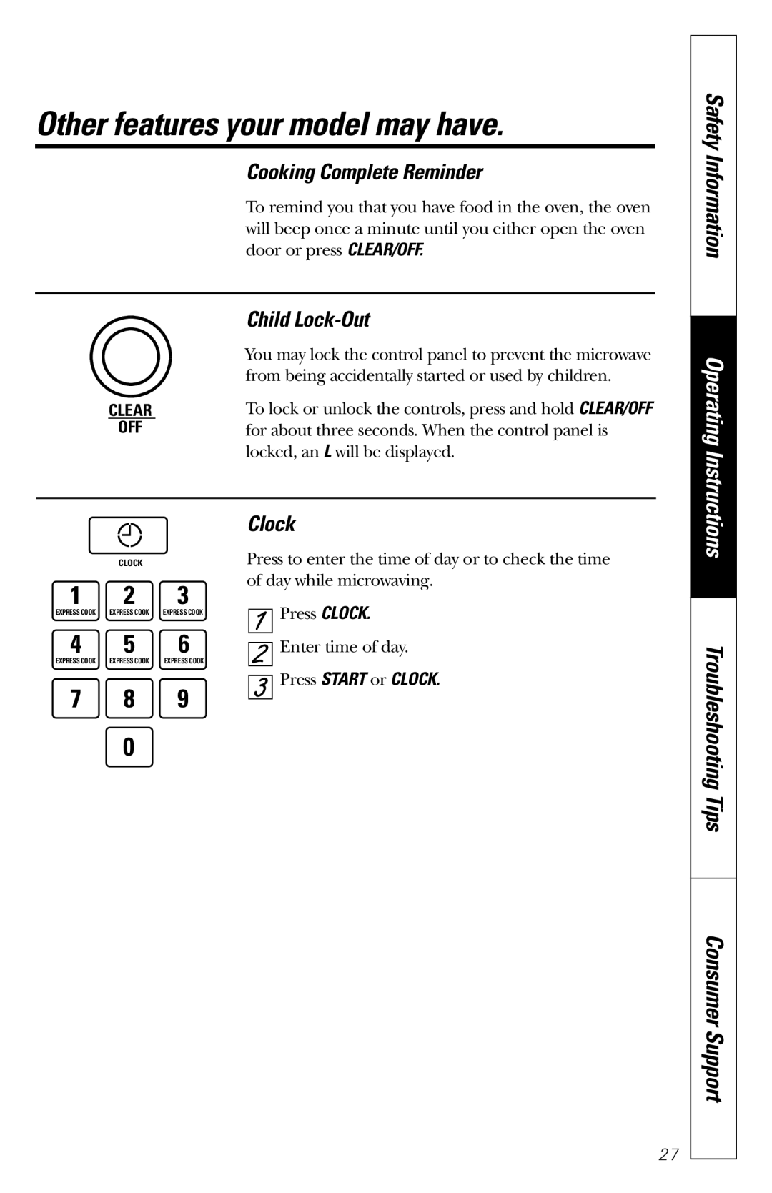 GE JES1235 Other features your model may have, Cooking Complete Reminder, Child Lock-Out, Press Start or Clock 