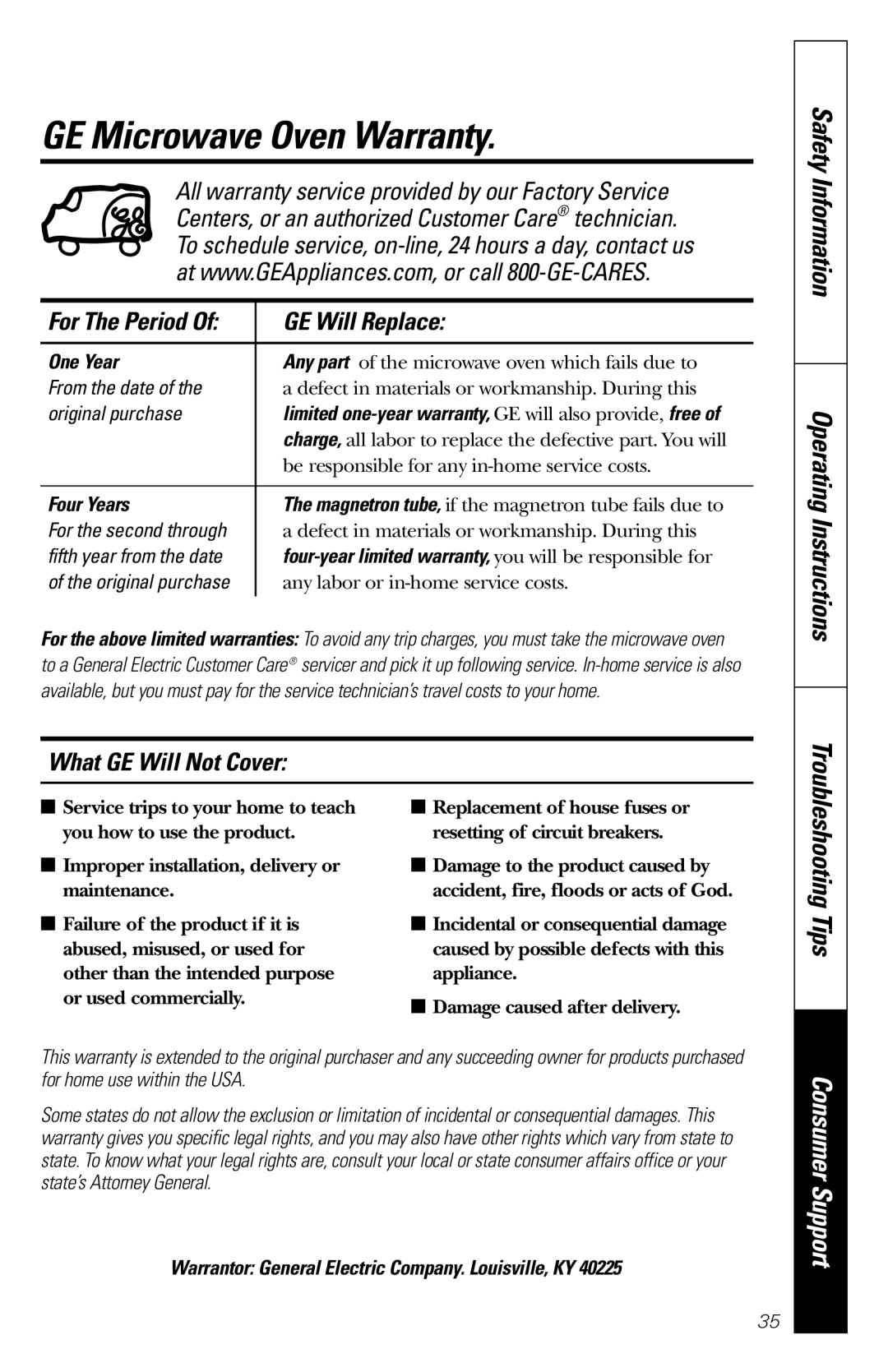 GE JES1235 owner manual GE Microwave Oven Warranty, GE Will Replace, What GE Will Not Cover 