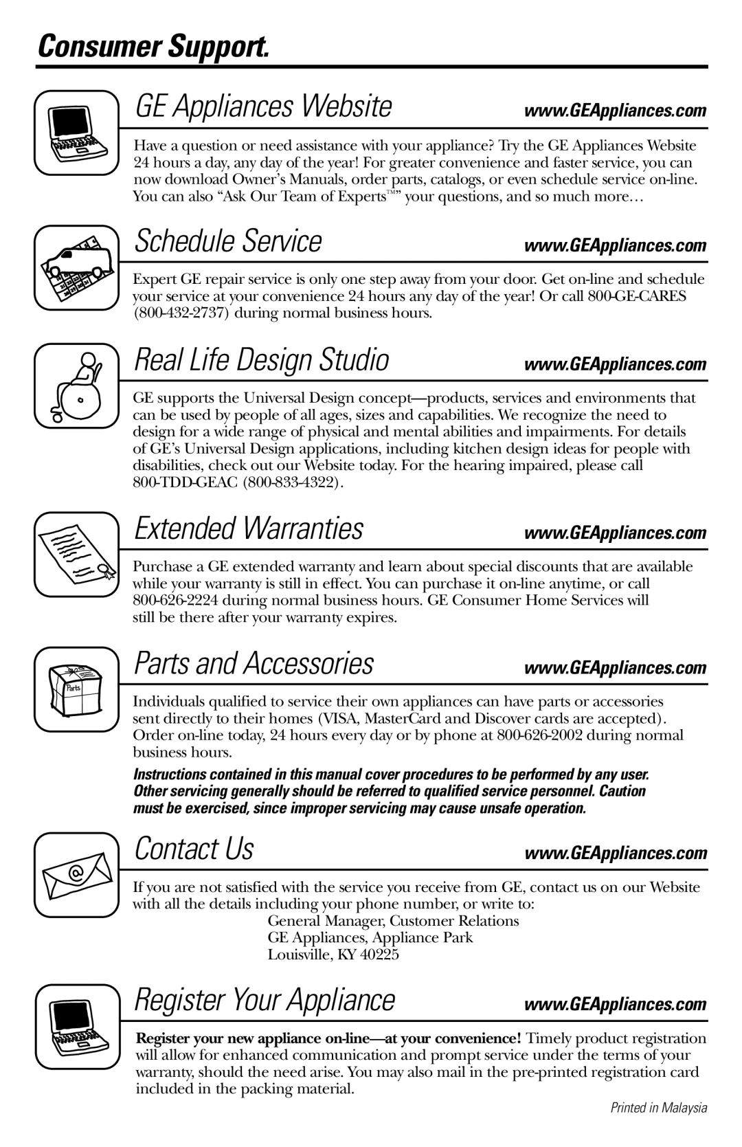 GE JES1235 Consumer Support GE Appliances Website Schedule Service, Real Life Design Studio, Extended Warranties 