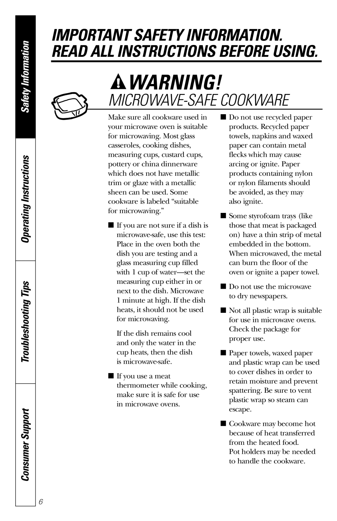 GE JES1235 owner manual MICROWAVE-SAFE Cookware 