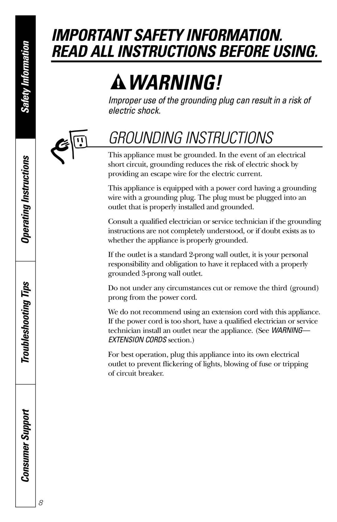 GE JES1235 owner manual Grounding Instructions 