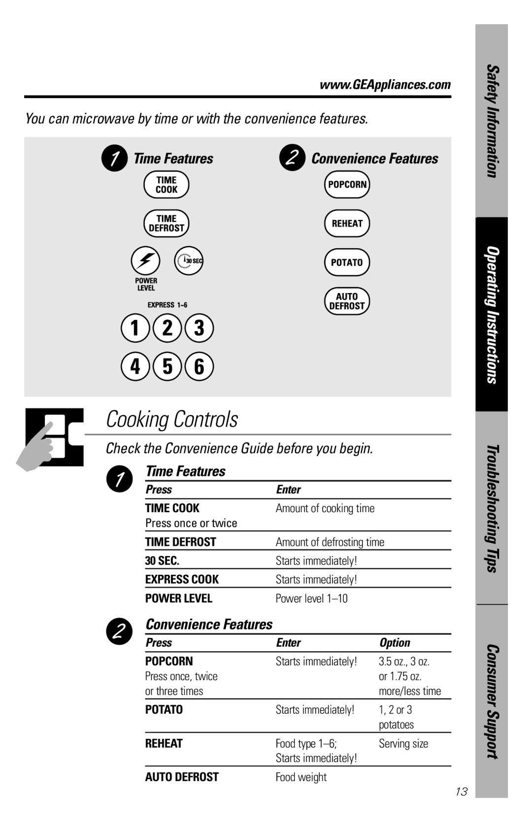 GE JES1238WH owner manual Time Features, Convenience Features 