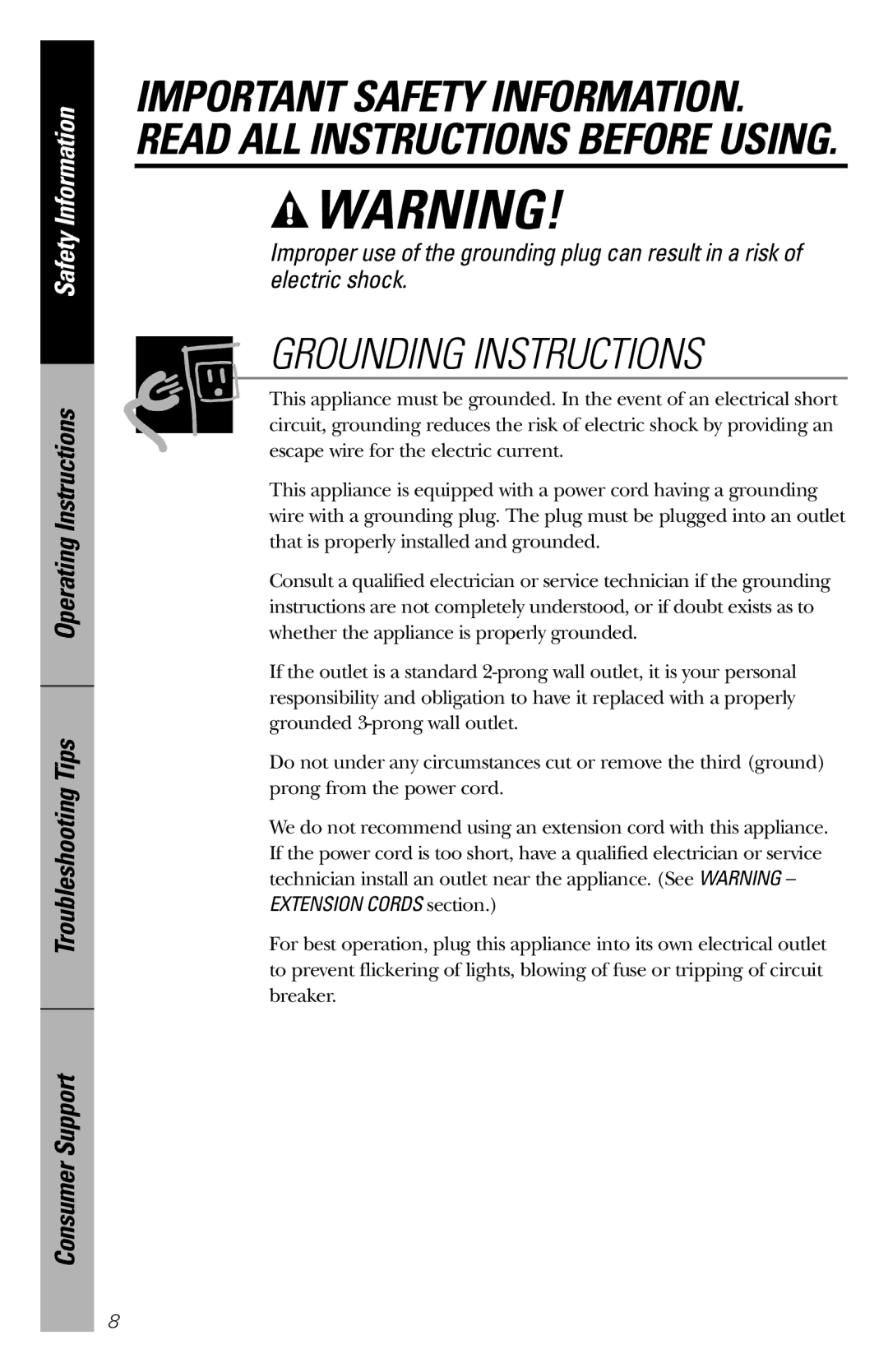 GE JES1238WH owner manual Grounding Instructions 