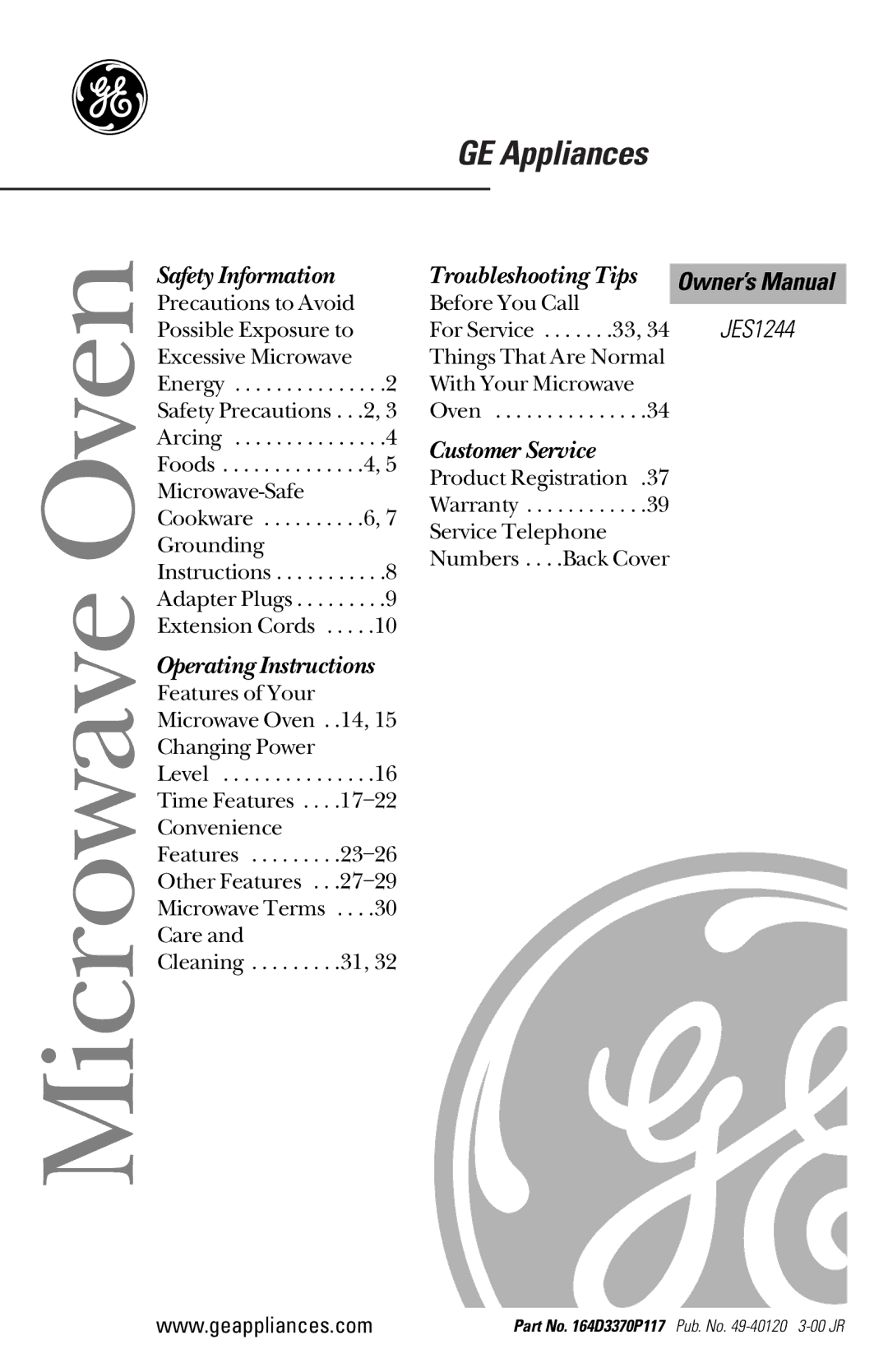 GE JES1244 owner manual Microwave Oven 