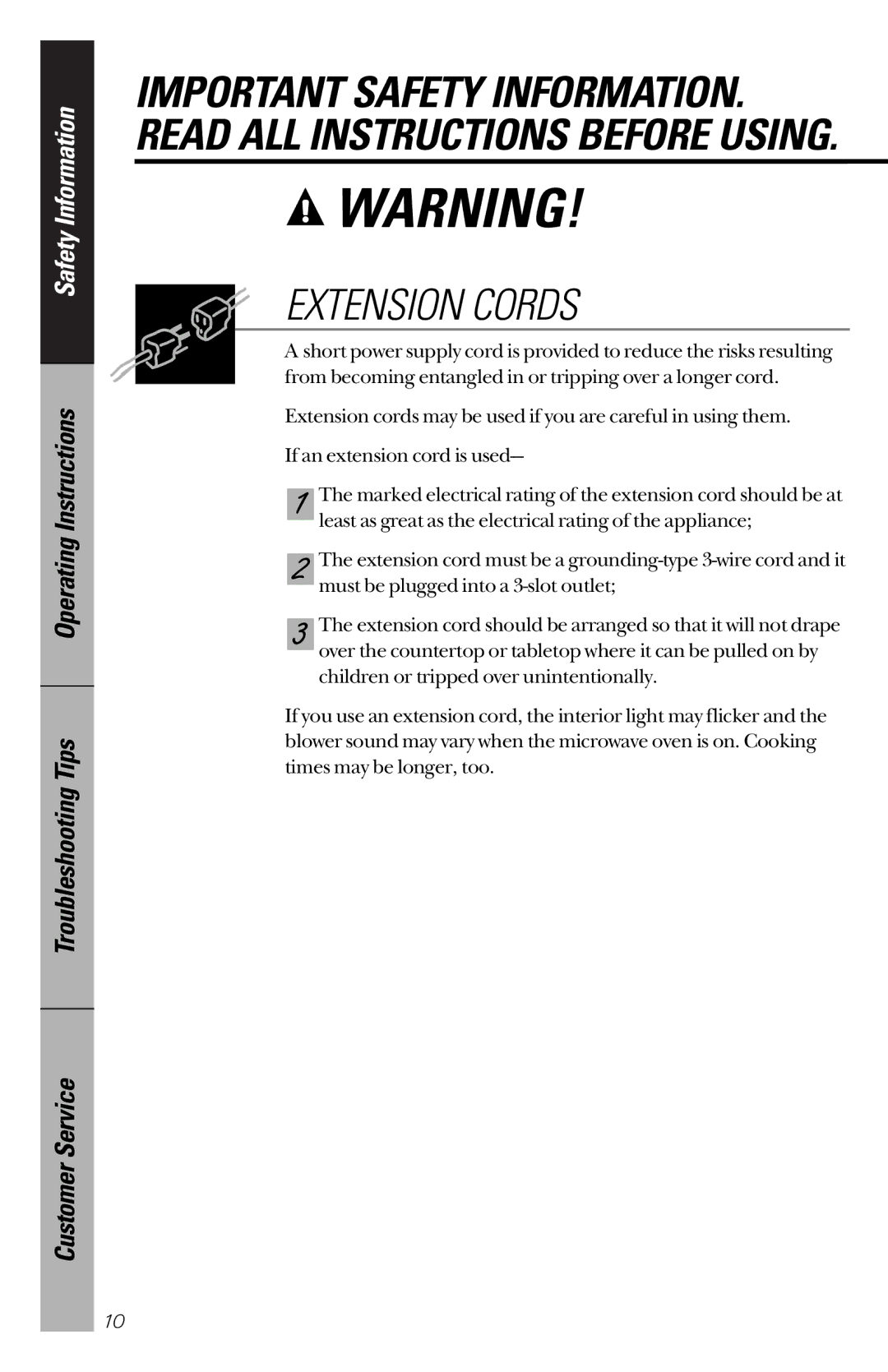 GE JES1244 owner manual Extension Cords 