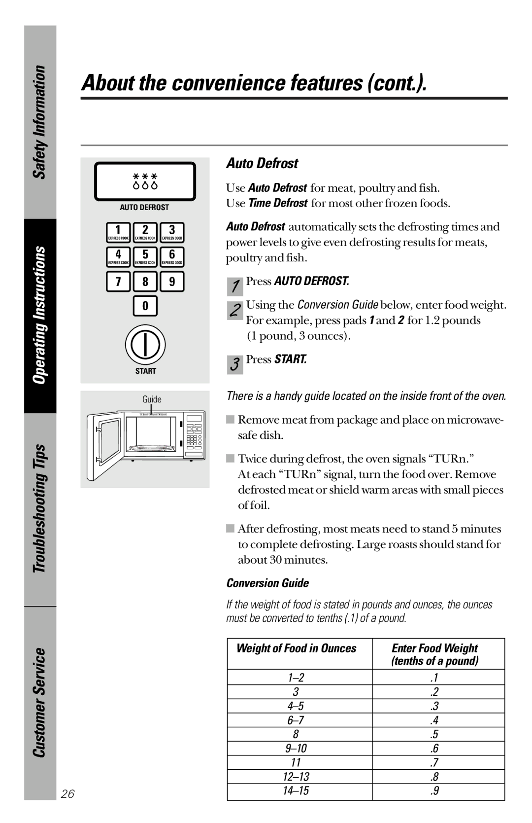 GE JES1244 owner manual Customer Service, Press Auto Defrost, Conversion Guide, Enter Food Weight 