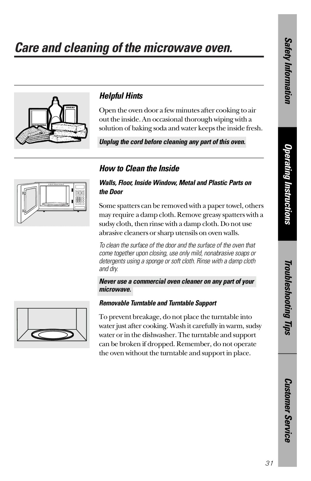 GE JES1244 owner manual Care and cleaning of the microwave oven, Helpful Hints, How to Clean the Inside 