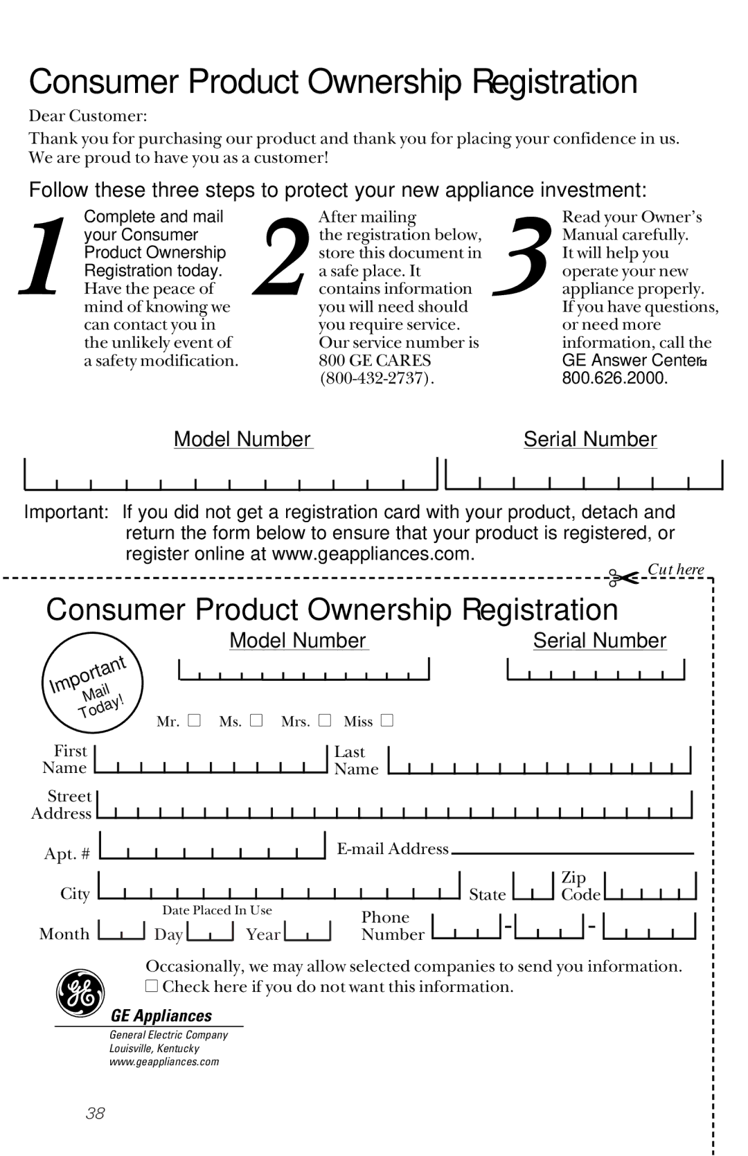 GE JES1244 owner manual Consumer Product Ownership Registration, GE Appliances 