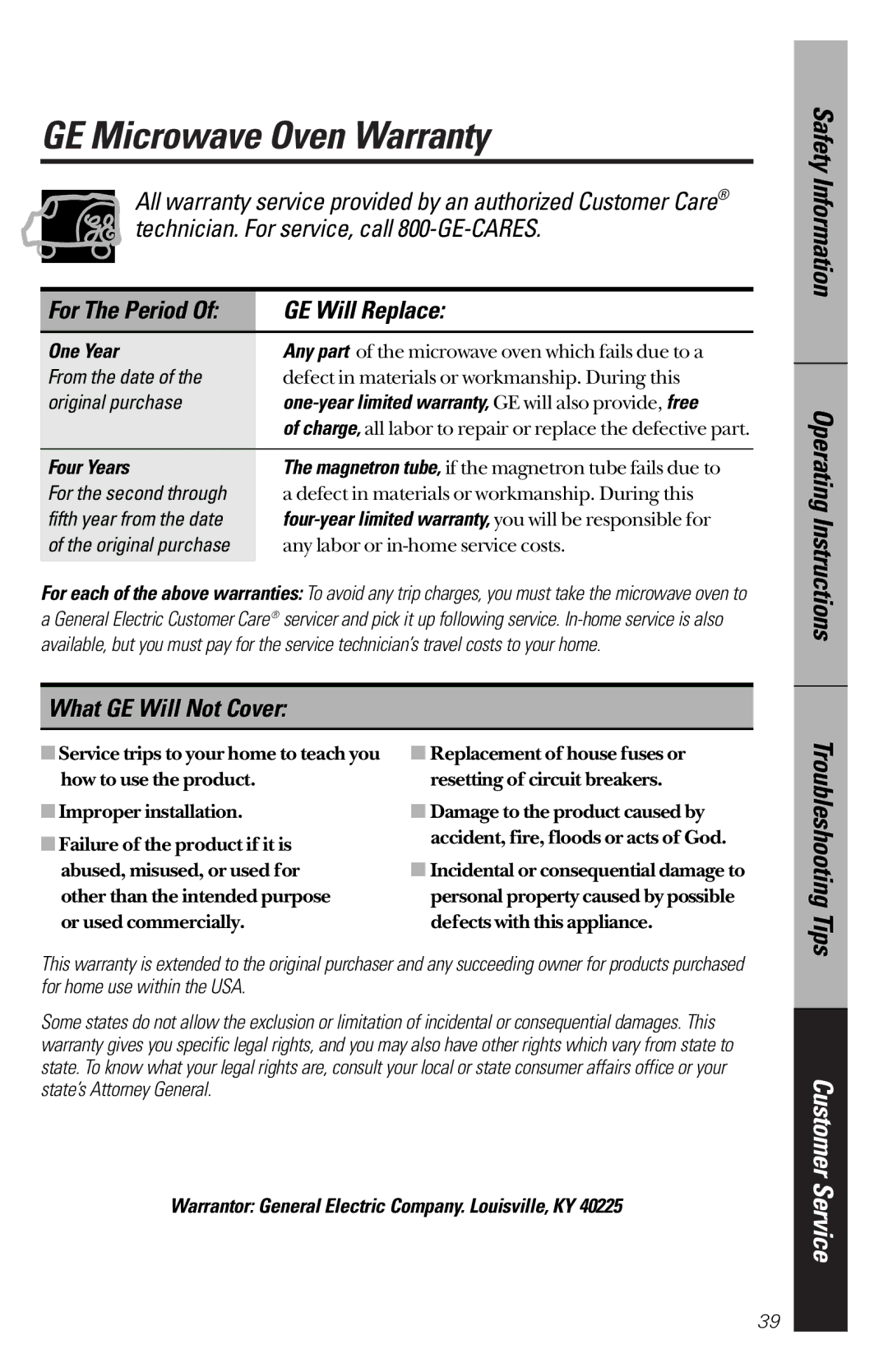 GE JES1244 owner manual GE Microwave Oven Warranty, GE Will Replace, What GE Will Not Cover 