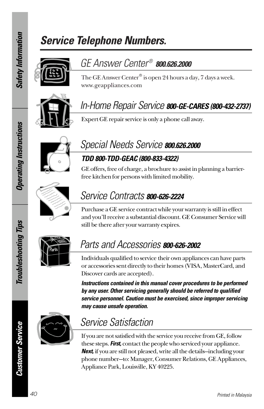 GE JES1244 owner manual Service Telephone Numbers, In-Home Repair Service 800-GE-CARES, TDD 800-TDD-GEAC 