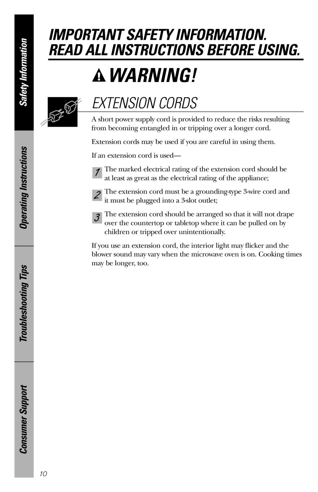 GE JES1246 owner manual Extension Cords 