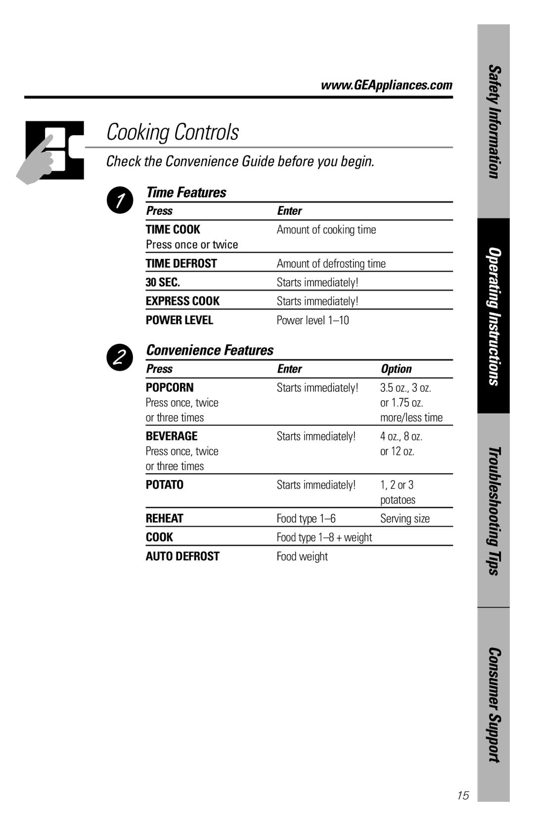 GE JES1246 owner manual Time Features, Convenience Features 