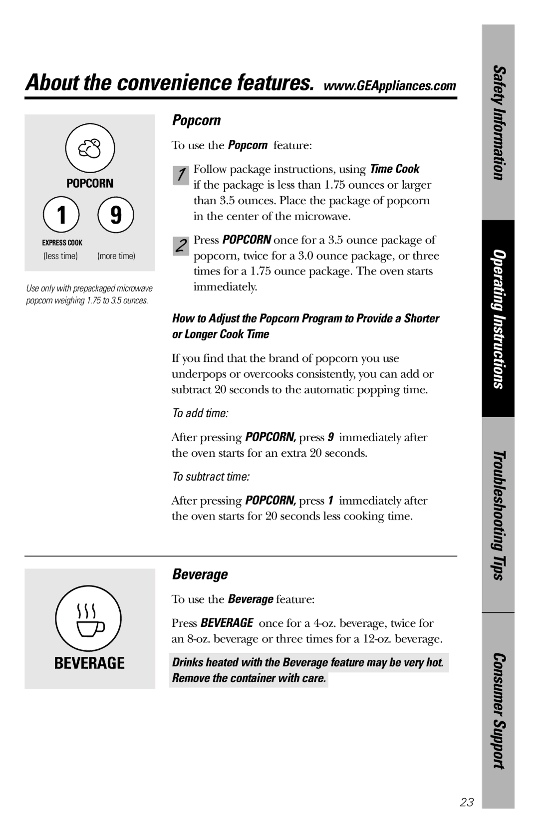 GE JES1246 owner manual Popcorn, Beverage, Or Longer Cook Time 