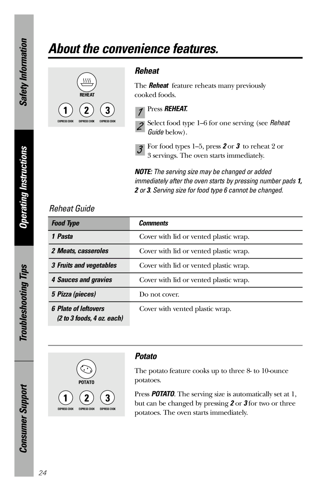 GE JES1246 owner manual About the convenience features, Reheat, Potato 