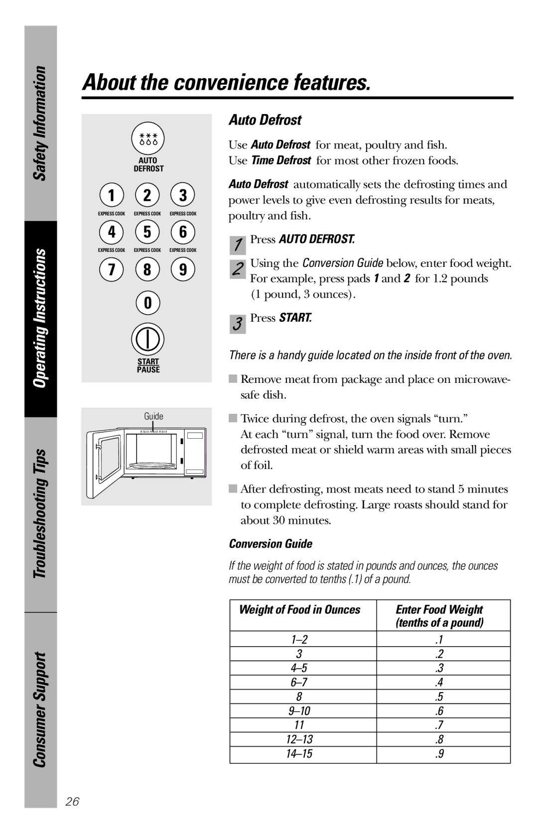 GE JES1246 owner manual Press Auto Defrost, Conversion Guide, Enter Food Weight 