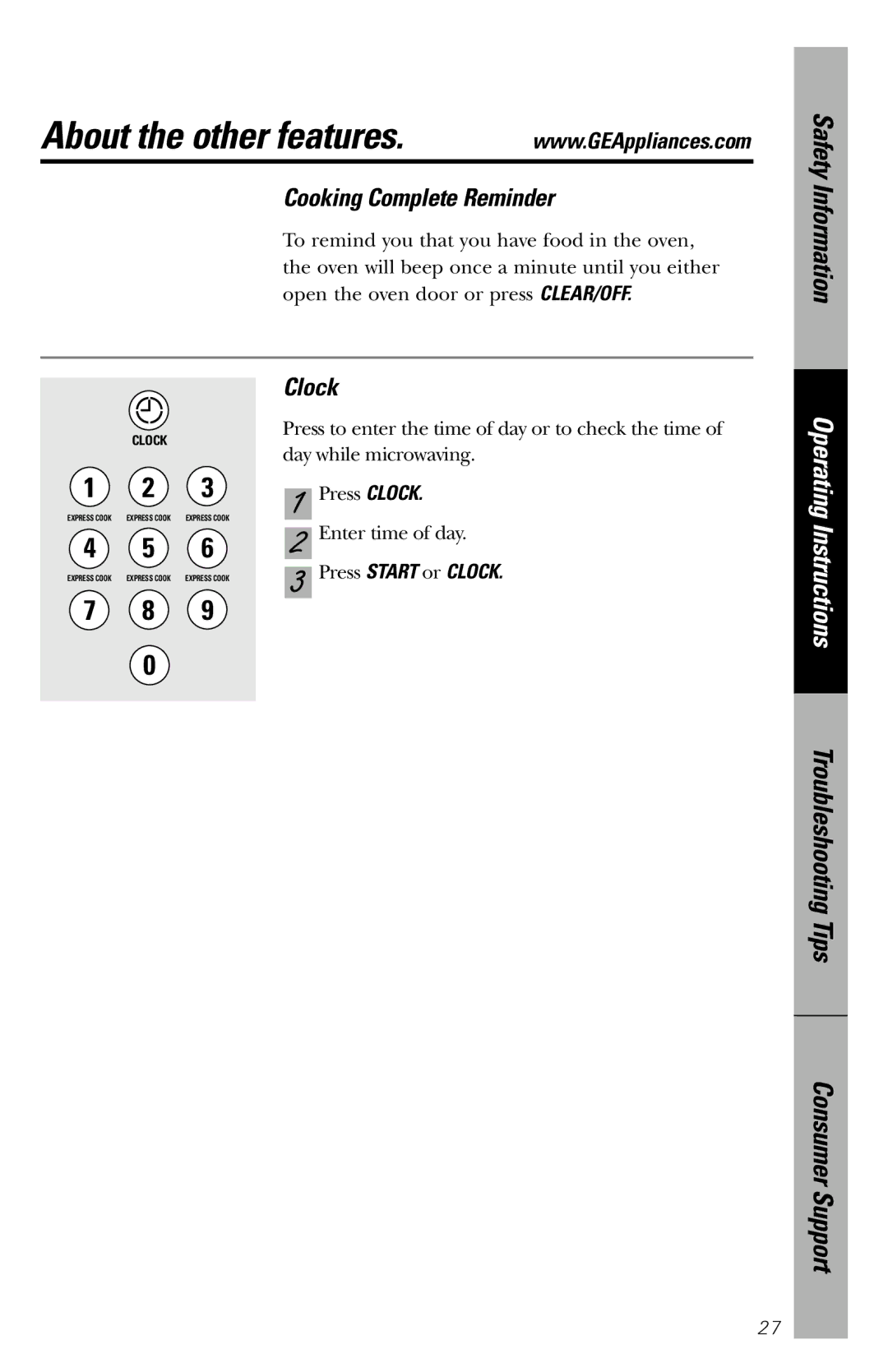 GE JES1246 owner manual About the other features, Cooking Complete Reminder, Press Start or Clock 