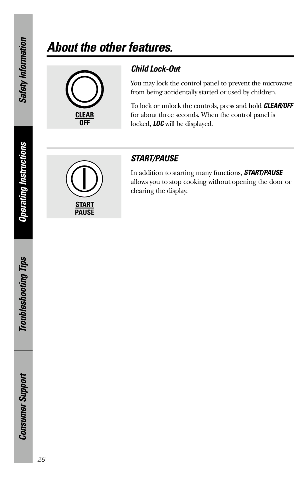 GE JES1246 owner manual Child Lock-Out, Start/Pause 