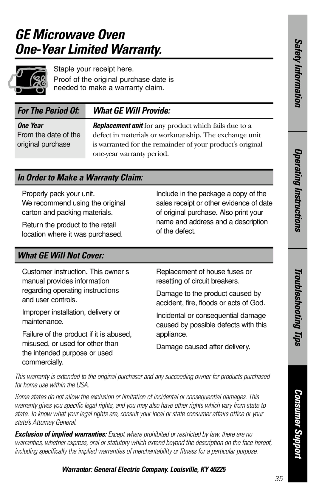 GE JES1246 owner manual GE Microwave Oven One-Year Limited Warranty, What GE Will Provide, Order to Make a Warranty Claim 